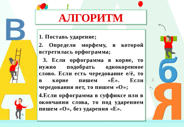 АЛГОРИТМ 1. Поставь ударение; 2. Определи морфему, в которой встретилась орфограмма;  3. Если орфограмма в корне, то нужно подобрать однокоренное слово. Если есть чередование е/ё, то в корне пишем «Ё». Если чередования нет, то пишем «О»; 4.Если орфограмма в суффиксе или в окончании слова, то под ударением пишем «О», без ударения «Е».
