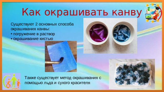 Как окрашивать канву Существуют 2 основных способа окрашивания канвы:  погружение в раствор  окрашивание кистью Также существует метод окрашивания с помощью льда и сухого красителя