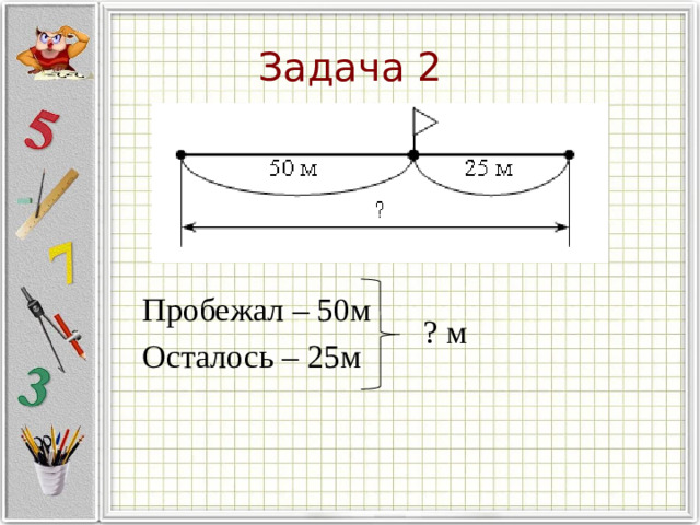 Задача 2 Пробежал – 50м Осталось – 25м ? м