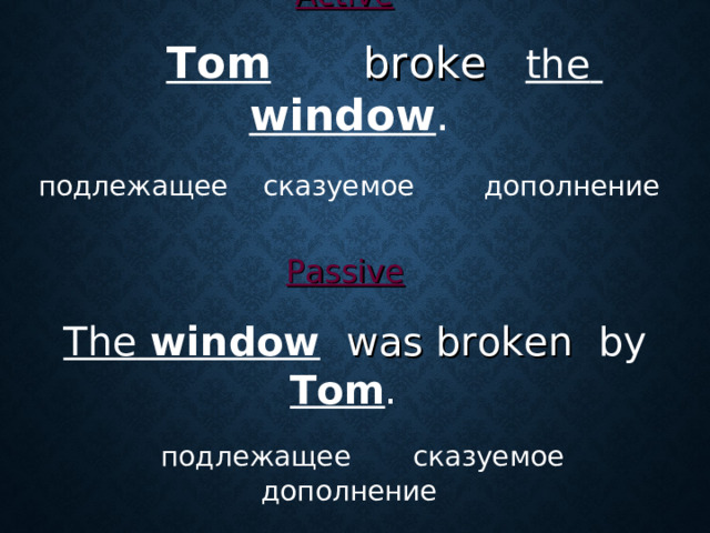 Active    Tom    broke   the   window . подлежащее сказуемое дополнение Passive   The window   was broken   by Tom .   подлежащее  сказуемое дополнение