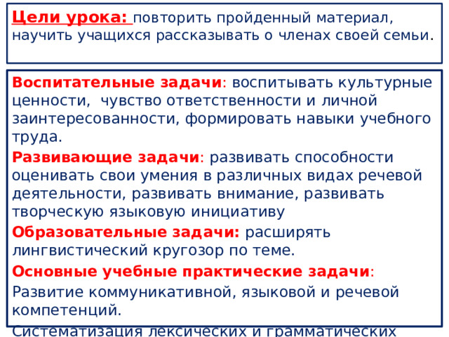 Цели урока:  повторить пройденный материал, научить учащихся рассказывать о членах своей семьи .   Воспитательные задачи : воспитывать культурные ценности, чувство ответственности и личной заинтересованности, формировать навыки учебного труда. Развивающие задачи : развивать способности оценивать свои умения в различных видах речевой деятельности, развивать внимание, развивать творческую языковую инициативу Образовательные задачи:  расширять лингвистический кругозор по теме. Основные учебные практические задачи : Развитие коммуникативной, языковой и речевой компетенций. Систематизация лексических и грамматических знаний. Обучение беседе по теме. Развитие навыков устной речи.