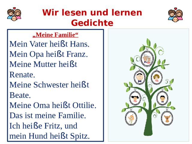 Wir lesen und lernen Gedichte „ Meine Familie“ Mein Vater hei ß t Hans. Mein Opa hei ß t Franz. Meine Mutter hei ß t Renate. Meine Schwester hei ß t Beate. Meine Oma hei ß t Ottilie. Das ist meine Familie. Ich hei ß e Fritz, und mein Hund hei ß t Spitz.