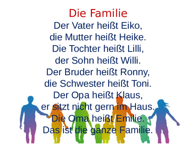 Die Familie Der Vater heißt Eiko, die Mutter heißt Heike. Die Tochter heißt Lilli, der Sohn heißt Willi. Der Bruder heißt Ronny, die Schwester heißt Toni. Der Opa heißt Klaus, er sitzt nicht gern im Haus. Die Oma heißt Emilie. Das ist die ganze Familie.