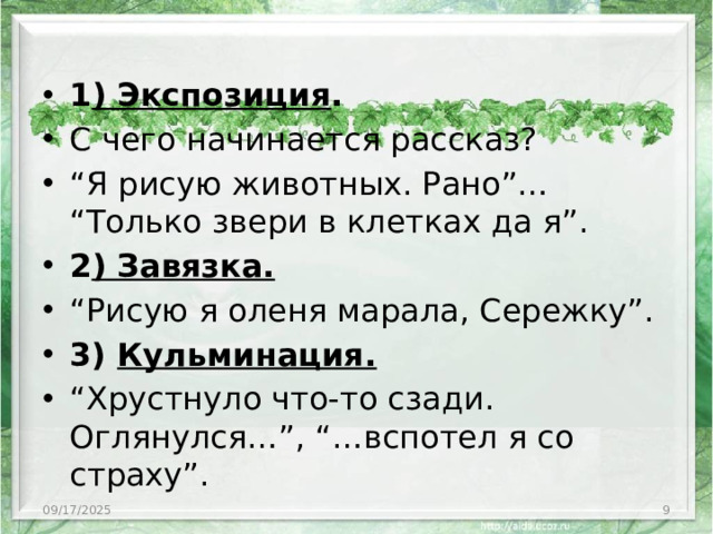 1 ) Экспозиция . С чего начинается рассказ? “ Я рисую животных. Рано”… “Только звери в клетках да я”. 2 ) Завязка. “ Рисую я оленя марала, Сережку”. 3) Кульминация.