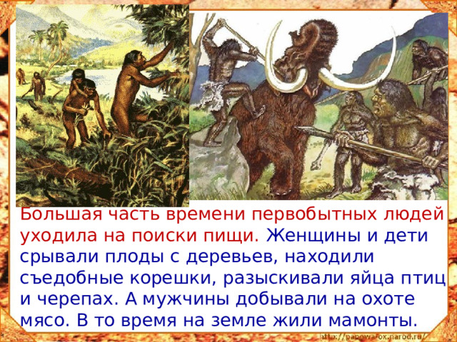 Большая часть времени первобытных людей уходила на поиски пищи. Женщины и дети срывали плоды с деревьев, находили съедобные корешки, разыскивали яйца птиц и черепах. А мужчины добывали на охоте мясо. В то время на земле жили мамонты.
