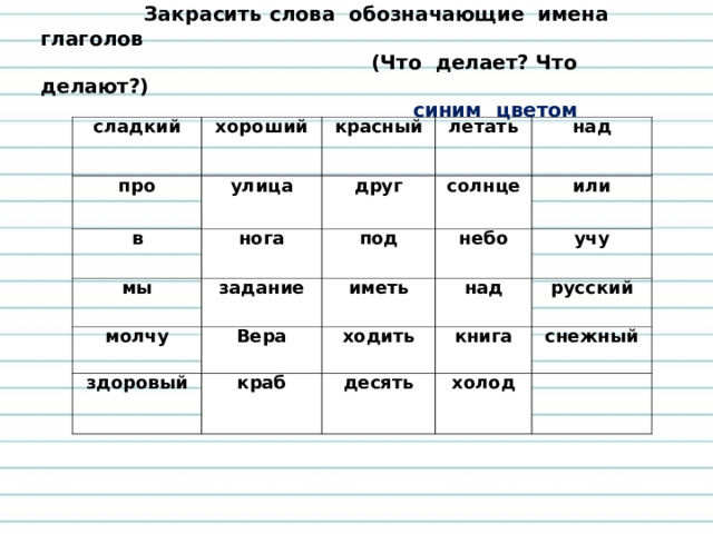 Закрасить слова обозначающие имена глаголов  (Что делает? Что делают?)  синим цветом  сладкий хороший про улица красный в летать нога мы друг над молчу задание солнце под небо Вера иметь здоровый или учу ходить краб над книга русский десять снежный холод