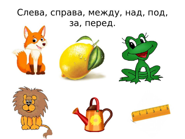 Слева, справа, между, над, под, за, перед.