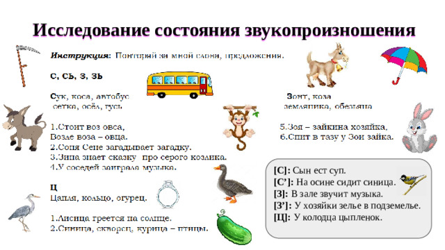 Исследование состояния звукопроизношения [С]: Сын ест суп. [С’]: На осине сидит синица. [З]: В зале звучит музыка. [З’]: У хозяйки зелье в подземелье. [Ц]: У колодца цыпленок.