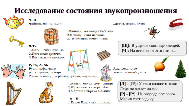 Исследование состояния звукопроизношения [Щ]: В ущелье скопище клещей. [Ч]: На веточке певчая птичка. [Л] - [Л‘] : У елки колкие иголки. Лена поливает лилии. [Р] - [Р‘] : На огороде рос горох. Мария трет редьку.
