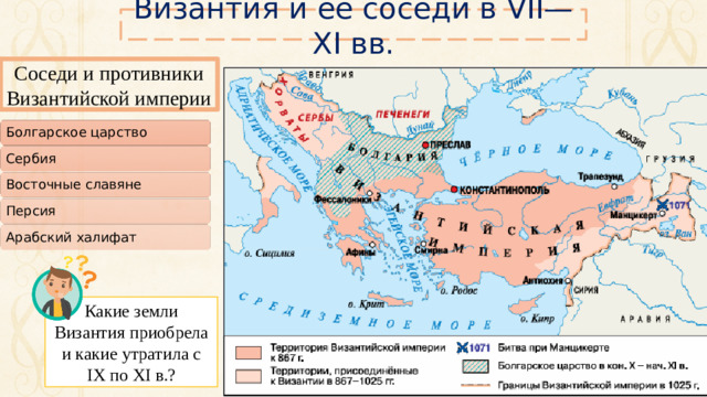 Византия и её соседи в VII—XI вв. Соседи и противники Византийской империи Болгарское царство Сербия Восточные славяне Персия Арабский халифат Какие земли Византия приобрела и какие утратила с IX по XI в.?