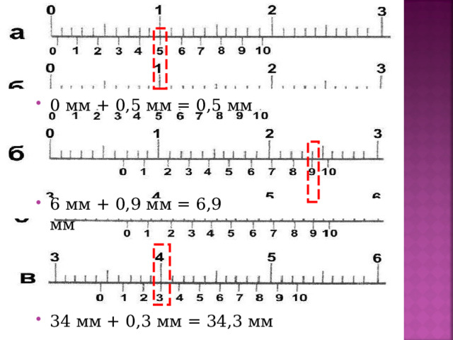 0 мм + 0,5 мм = 0,5 мм 6 мм + 0,9 мм = 6,9 мм 34 мм + 0,3 мм = 34,3 мм