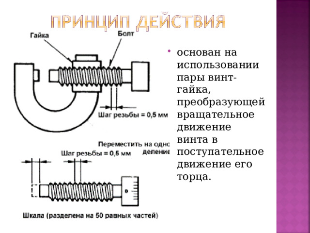 основан на использовании пары винт- гайка, преобразующей вращательное движение винта в поступательное движение его торца.