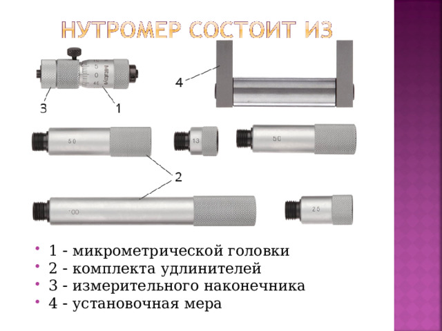 1  микрометрической головки 2  комплекта удлинителей 3  измерительного наконечника 4  установочная мера