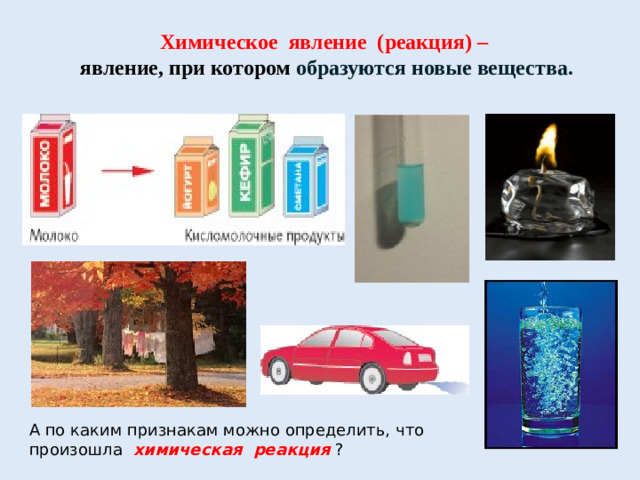 Химическое явление (реакция) –   явление, при котором  образуются новые вещества. А по каким признакам можно определить, что произошла  химическая реакция  ? 
