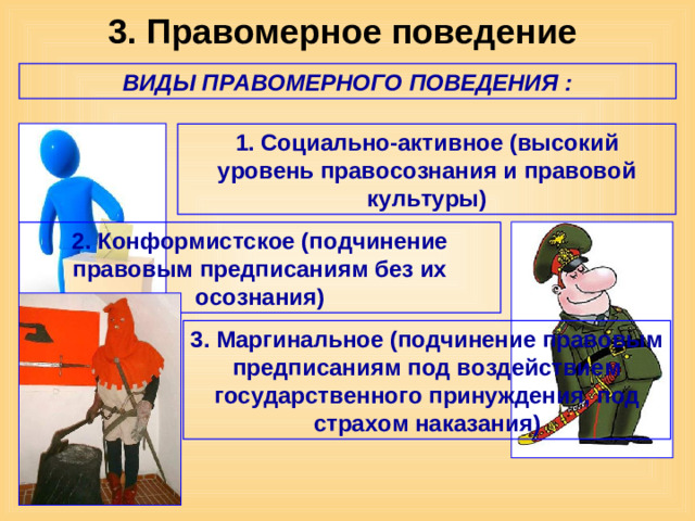 3. Правомерное поведение ВИДЫ ПРАВОМЕРНОГО ПОВЕДЕНИЯ : 1. Социально-активное (высокий уровень правосознания и правовой культуры) 2. Конформистское (подчинение правовым предписаниям без их осознания) 3. Маргинальное (подчинение правовым предписаниям под воздействием государственного принуждения, под страхом наказания)