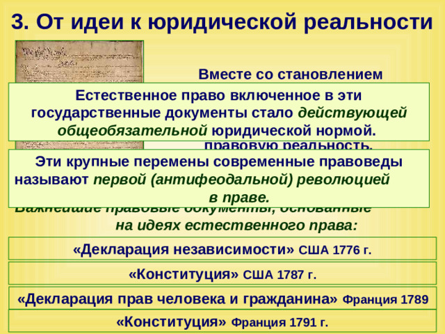 3. От идеи к юридической реальности Вместе со становлением буржуазной демократии естественное право из теории перерастает в государственно-правовую реальность. Естественное право включенное в эти государственные документы стало действующей общеобязательной юридической нормой. Эти крупные перемены современные правоведы называют первой (антифеодальной) революцией в праве.  Первая страница «Конституции США» 1787 г. Важнейшие правовые документы, основанные на идеях естественного права: «Декларация независимости» США 1776 г. «Конституция» США 1787 г. «Декларация прав человека и гражданина» Франция 1789 «Конституция» Франция 1791 г.
