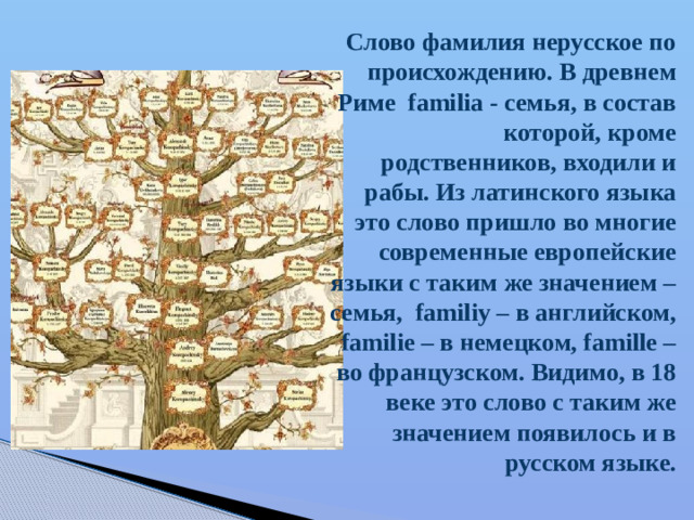 Слово фамилия нерусское по происхождению. В древнем Риме familia - семья, в состав которой, кроме родственников, входили и рабы. Из латинского языка это слово пришло во многие современные европейские языки с таким же значением – семья, familiу – в английском, familie – в немецком, famille – во французском. Видимо, в 18 веке это слово с таким же значением появилось и в русском языке.