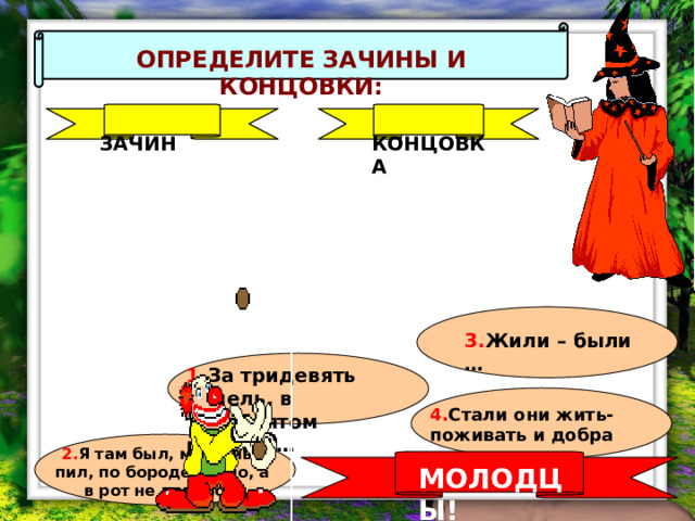 ОПРЕДЕЛИТЕ ЗАЧИНЫ И КОНЦОВКИ:  ЗАЧИН  КОНЦОВКА 3. Жили – были … 1. За тридевять земель, в тридесятом царстве… 4. Стали они жить-поживать и добра наживать… 2. Я там был, мёд-пиво пил, по бороде текло, а в рот не попало… МОЛОДЦЫ!