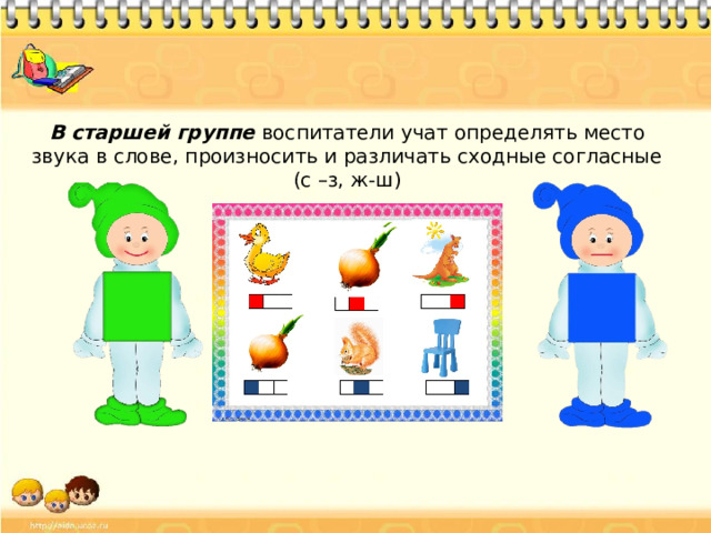 В старшей группе воспитатели учат определять место звука в слове, произносить и различать сходные согласные (с –з, ж-ш)