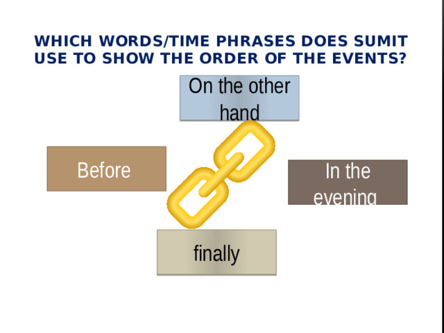 Which words/time phrases does Sumit use to show the order of the events? On the other hand Before In the evening finally