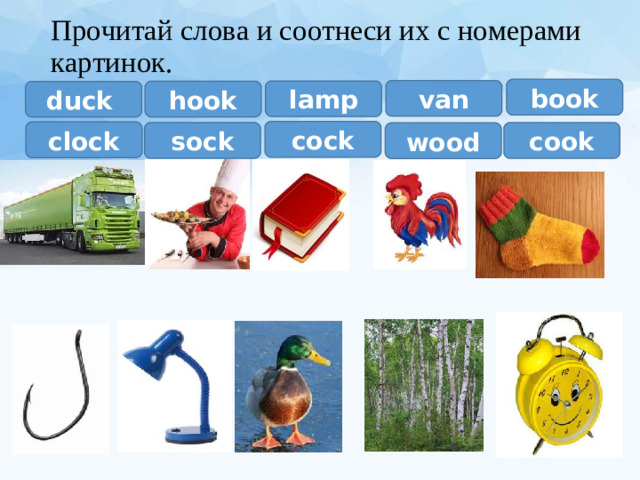 Прочитай слова и соотнеси их с номерами картинок. book van lamp hook duck cock clock cook sock wood