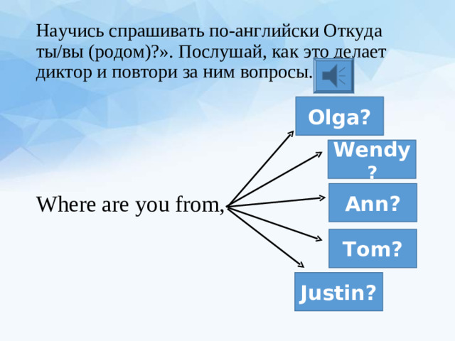 Научись спрашивать по-английски Откуда ты / вы (родом)?». Послушай, как это делает диктор и повтори за ним вопросы. Where are you from, Olga? Wendy ? Ann? Tom? Justin?