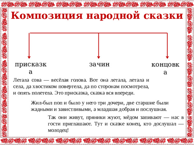Композиция народной сказки присказка зачин концовка Летала сова — весёлая голова. Вот она летала, летала и села, да хвостиком повертела, да по сторонам посмотрела, и опять полетела. Это присказка, сказка вся впереди. Жил-был поп и было у него три дочери, две старшие были жадными и завистливыми, а младшая добрая и послушная. Так они живут, пряники жуют, мёдом запивают — нас в гости приглашают. Тут и сказке конец, кто дослушал — молодец! 