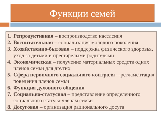 Функции семей Репродуктивная – воспроизводство населения Воспитательная – социализация молодого поколения Хозяйственно-бытовая – поддержка физического здоровья, уход за детьми и престарелыми родителями Экономическая – получение материальных средств одних членов семьи для других Сфера первичного социального контроля – регламентация поведения членов семьи Функция духовного общения Социально-статусная – представление определенного социального статуса членам семьи Досуговая – организация рационального досуга