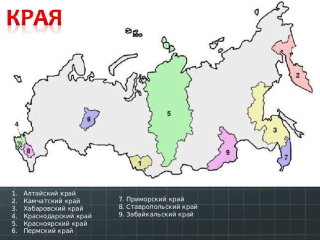 Алтайский край Камчатский край Хабаровский край Краснодарский край Красноярский край Пермский край