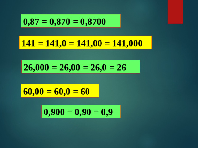 0,87 = 0,870 = 0,8700 141 = 141,0 = 141,00 = 141,000 26,000 = 26,00 = 26,0 = 26 60,00 = 60,0 = 60 0,900 = 0,90 = 0,9