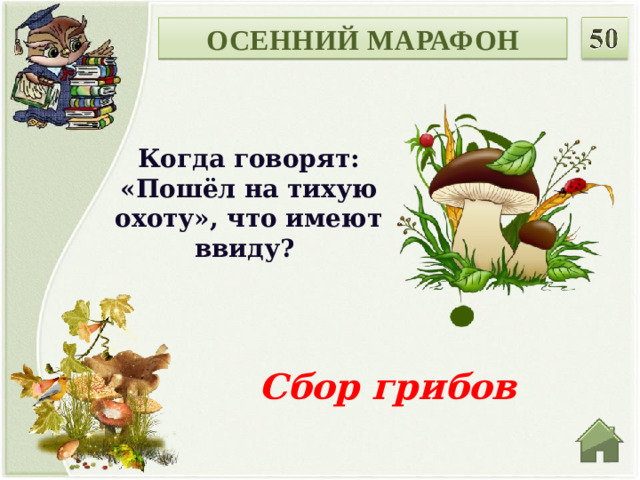 ОСЕННИЙ МАРАФОН Когда говорят: «Пошёл на тихую охоту», что имеют ввиду? Сбор грибов