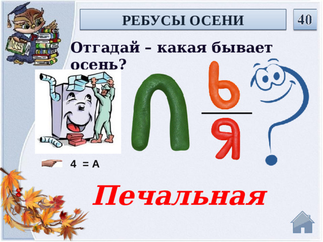 РЕБУСЫ ОСЕНИ Отгадай – какая бывает осень? 4  = А Печальная