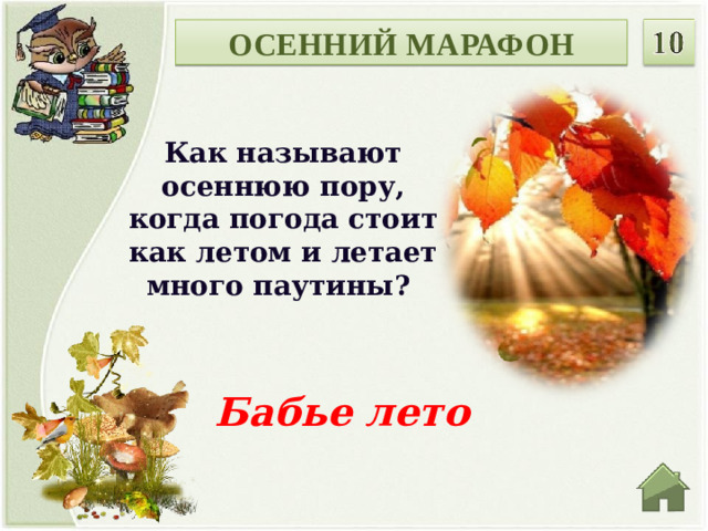ОСЕННИЙ МАРАФОН Как называют осеннюю пору, когда погода стоит как летом и летает много паутины? Бабье лето