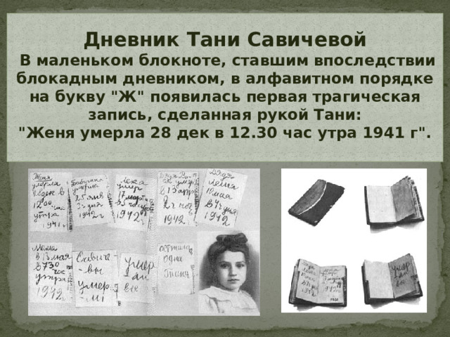 Дневник Тани Савичевой  В маленьком блокноте, ставшим впоследствии блокадным дневником, в алфавитном порядке на букву 