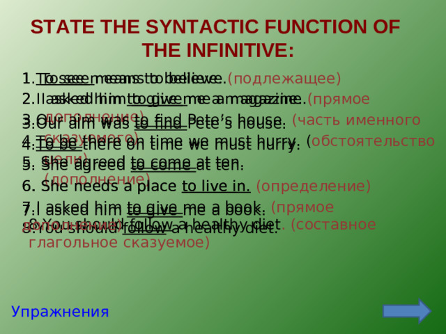 STATE THE SYNTACTIC FUNCTION OF  THE INFINITIVE:   1 To  see means to believe.  (подлежащее) 1. To  see means to believe. 2. I asked him to give me a magazine. 2. I asked him to give me a magazine.  (прямое дополнение) 3. Our aim was to find Pete’s house.  (часть именного сказуемого) 3. Our aim was to find Pete’s house.  4. To be there on time we must hurry. ( обстоятельство цели) 4. To be there on time we must hurry. 5. She agreed to come at ten.  (дополнение) 5. She agreed to come at ten. 6. She needs a place to live in. 6. She needs a place to live i n.  (определение) 7.I asked him to give me a book. ( прямое дополнение) 7.I asked him to give me a book. 8 .You should follow a healthy diet . (составное глагольное сказуемое) 8 .You should follow a healthy diet. Упражнения
