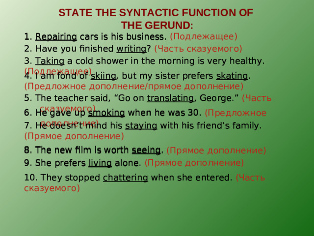 STATE THE SYNTACTIC FUNCTION OF  THE GERUND : 1. Repairing cars is his business.  ( Подлежащее ) 1. Repairing cars is his business.  2. Have you finished writing ? 2. Have you finished writing ? (Часть сказуемого) 3. Taking a cold shower in the morning is very healthy. 3. Taking a cold shower in the morning is very healthy. (Подлежащее) 4. I am fond of skiing , but my sister prefers skating .  4. I am fond of skiing , but my sister prefers skating . (Предложное дополнение/прямое дополнение) 5. The teacher said, “Go on translating , George.” 5. The teacher said, “Go on translating , George.” (Часть сказуемого) 6. He gave up smoking when he was 30.  6. He gave up smoking when he was 30. (Предложное дополнение) 7. He doesn’t mind his staying with his friend’s family. 7. He doesn’t mind his staying with his friend’s family. (Прямое дополнение) 8. The new film is worth seeing .  8. The new film is worth seeing . (Прямое дополнение) 9. She prefers living alone. (Прямое дополнение) 9. She prefers living alone. 10. They stopped chattering when she entered. 10. They stopped chattering when she entered. (Часть сказуемого)
