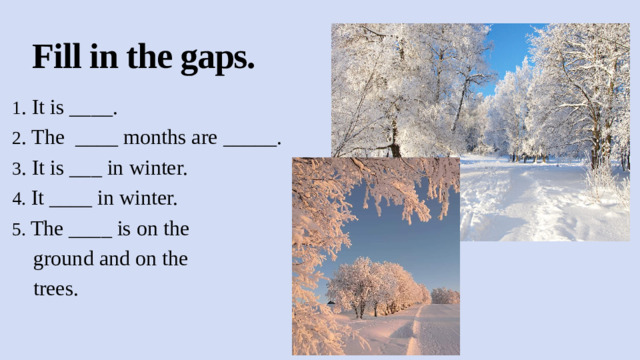 Fill in the gaps. 1 . It is ____. 2 . The ____ months are _____. 3 . It is ___ in winter. 4. It ____ in winter. 5. The ____ is on the  ground and on the  trees.