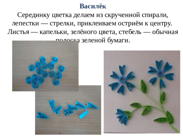 Василёк Серединку цветка делаем из скрученной спирали, лепестки — стрелки, приклеиваем остриём к центру. Листья — капельки, зелёного цвета, стебель — обычная полоска зеленой бумаги.