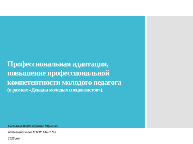 Профессиональная адаптация, повышение профессиональной компетентности молодого педагога  (в рамках «Декады молодых специалистов»). Светлана Владимировна Юрченко педагог-психолог МБОУ СОШ №3 2025 год