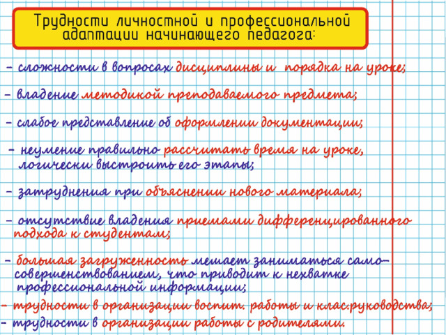 Трудности личностной и профессиональной адаптация начинающего педагога: сложности в вопросах дисциплины и порядка на уроке ; владение методикой преподаваемого предмета ; слабое представление об оформлении документации; неумение правильно рассчитать время на уроке , логически выстроить его этапы; затруднения при объяснении нового материала;  отсутствие владения приемами дифференцированного подхода к студентам;  большая загруженность мешает заниматься самосовершенствованием, что приводит к нехватке профессиональной информации; трудности в организации воспитательной работы и классного руководства трудности в организации работы с родителями
