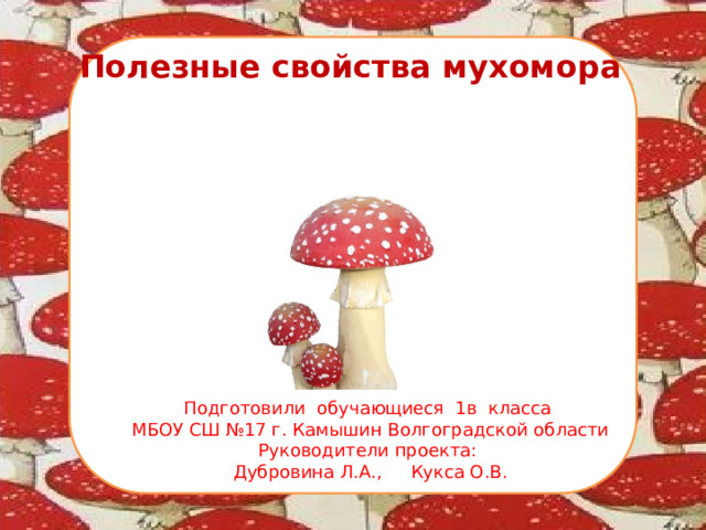 Полезные свойства мухомора Подготовили обучающиеся 1в класса МБОУ СШ №17 г. Камышин Волгоградской области Руководители проекта: Дубровина Л.А., Кукса О.В.
