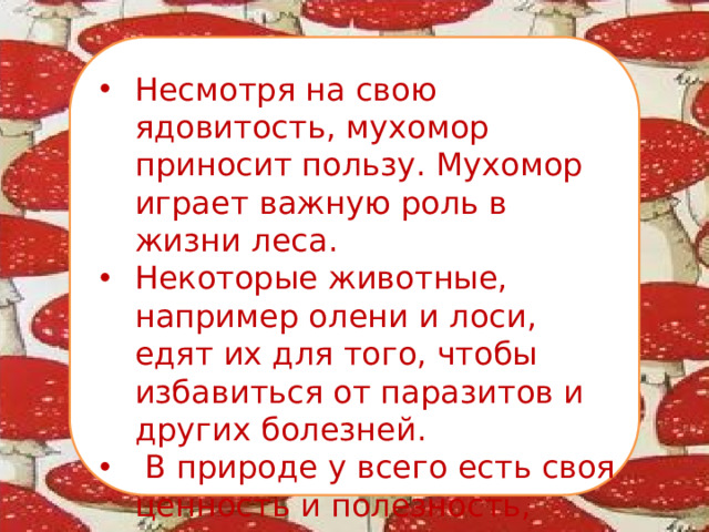 Несмотря на свою ядовитость, мухомор приносит пользу. Мухомор играет важную роль в жизни леса. Некоторые животные, например олени и лоси, едят их для того, чтобы избавиться от паразитов и других болезней.  В природе у всего есть своя ценность и полезность, даже у ядовитого мухомора.