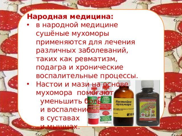 Народная медицина: в народной медицине сушёные мухоморы применяются для лечения различных заболеваний, таких как ревматизм, подагра и хронические воспалительные процессы. Настои и мази на основе мухомора помогают  уменьшить боль  и воспаление  в суставах  и мышцах.