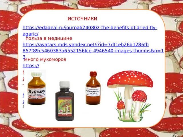 ИСТОЧНИКИ https://edadeal.ru/journal/240802-the-benefits-of-dried-fly-agaric/  польза в медицине https://avatars.mds.yandex.net/i?id=7df1eb26b1286fb857f89c5460383a6552156fce-4946540-images-thumbs&n=13  много мухоморов https:// hozotdelov.ru/image/cache/catalog/pics/store_apendix_big5783_9789-350x470.jpg    https://i.pinimg.com/originals/aa/2f/83/aa2f837a04171e1fc3b97f370 d05041f.png  лекарства