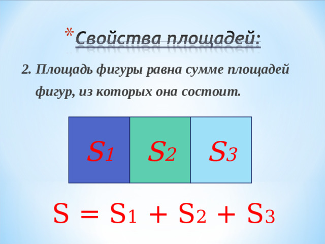 2. Площадь фигуры равна сумме площадей  фигур, из которых она состоит. S = S 1 + S 2 + S 3 S 1 S 2 S 3