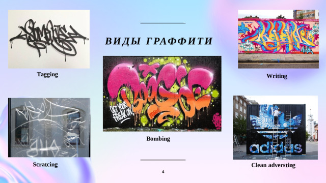 виды граффити Tagging Writing Bombing Scratcing Clean adversting 4