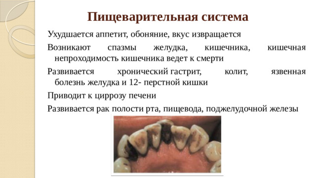 Пищеварительная система Ухудшается аппетит, обоняние, вкус извращается Возникают спазмы желудка, кишечника, кишечная непроходимость кишечника ведет к смерти Развивается хронический гастрит, колит, язвенная болезнь желудка и 12- перстной кишки Приводит к циррозу печени Развивается рак полости рта, пищевода, поджелудочной железы