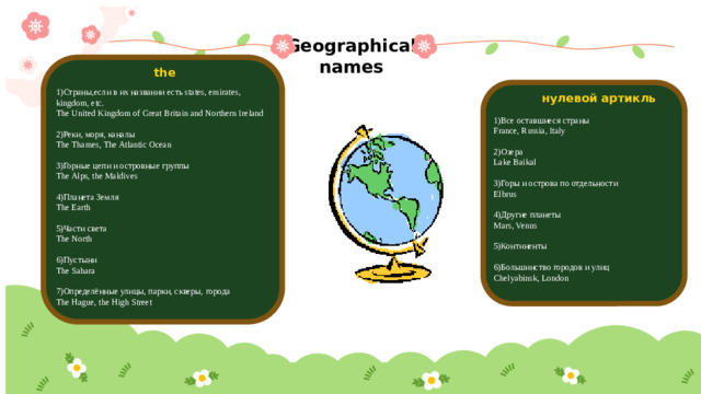 Geographical names  the  1)Страны,если в их названии есть states, emirates, kingdom, etc. The United Kingdom of Great Britain and Northern Ireland 2)Реки, моря, каналы The Thames, The Atlantic Ocean 3)Горные цепи и островные группы The Alps, the Maldives 4)Планета Земля The Earth 5)Части света The North 6)Пустыни The Sahara 7)Определённые улицы, парки, скверы, города The Hague, the High Street нулевой артикль  1)Все оставшиеся страны France, Russia, Italy 2)Озера Lake Baikal 3)Горы и острова по отдельности Elbrus 4)Другие планеты Mars, Venus 5)Континенты 6)Большинство городов и улиц Chelyabinsk, London Your text has been concise and beautiful, But the information is inextricably inextricable