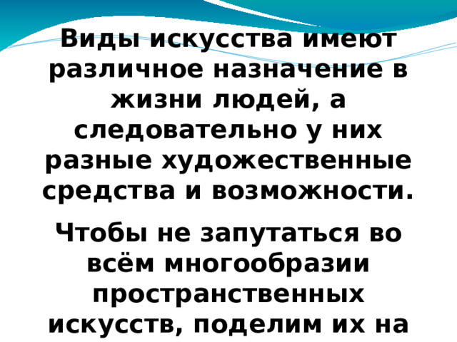 Виды искусства имеют различное назначение в жизни людей, а следовательно у них разные художественные средства и возможности. Чтобы не запутаться во всём многообразии пространственных искусств, поделим их на три группы.
