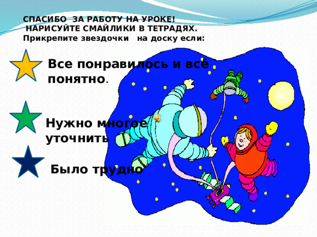 СПАСИБО ЗА РАБОТУ НА УРОКЕ!  НАРИСУЙТЕ СМАЙЛИКИ В ТЕТРАДЯХ. Прикрепите звездочки на доску если: Все понравилось и всё понятно . Было трудно Нужно многое уточнить  Было трудно